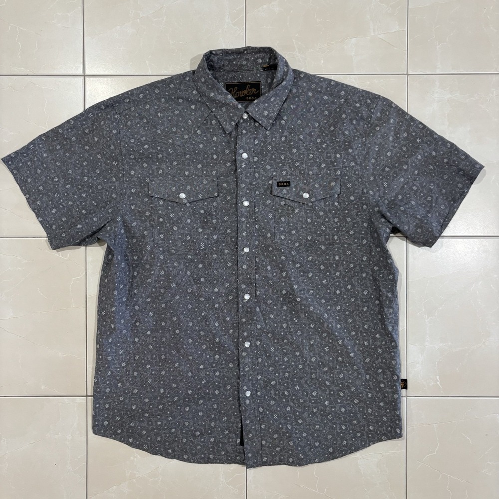 Howler Brothers Gray H Bar B Pearl Snap Shirt SS Geometric Star Men's Size M